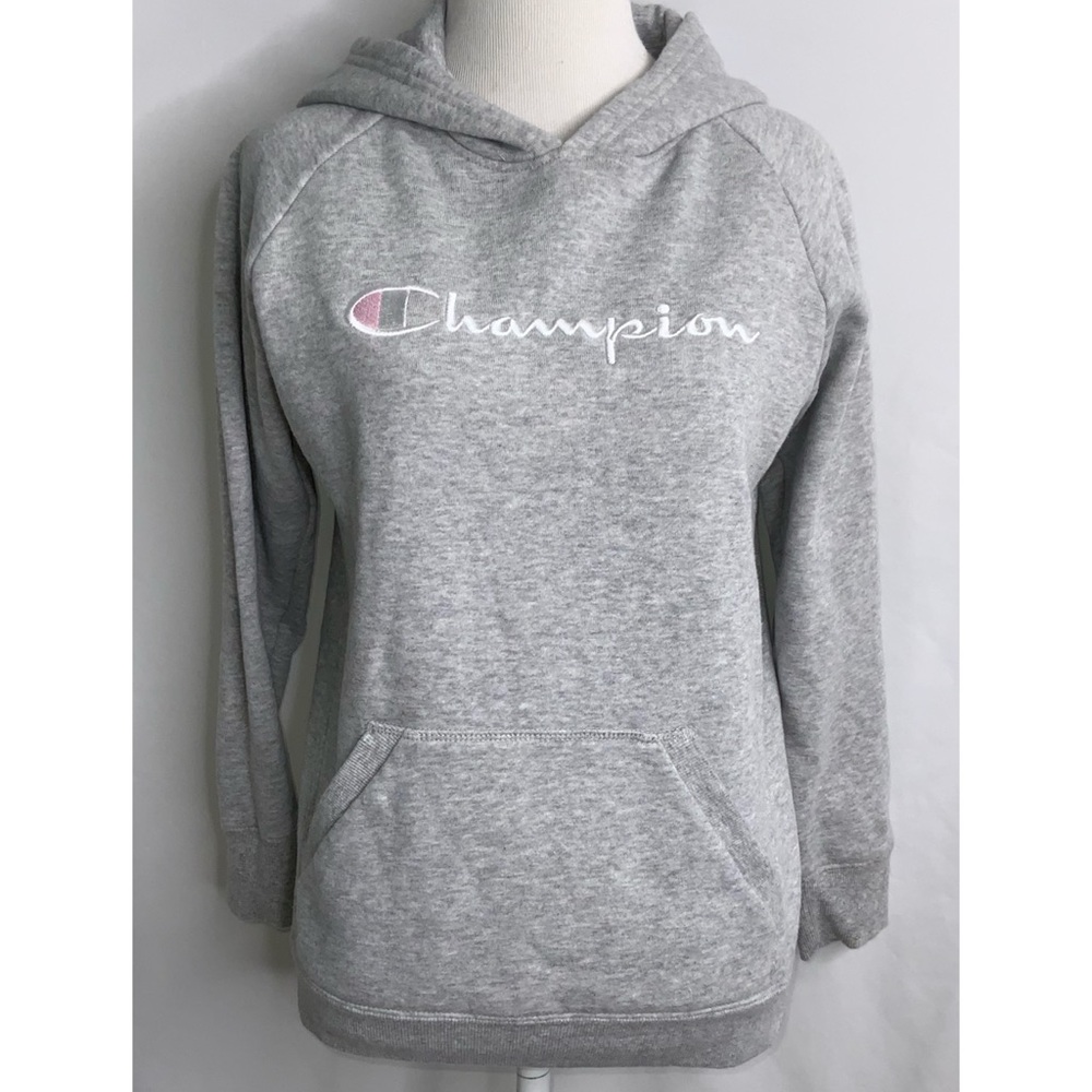 Champion Gray Fleece Hoodie Pink & White Logo XL